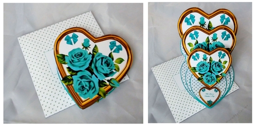 Gold triple heart easel card with turquoise roses and matching envelope.