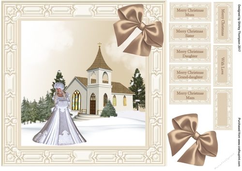 8 x 8 winter lady outside of Church card front.