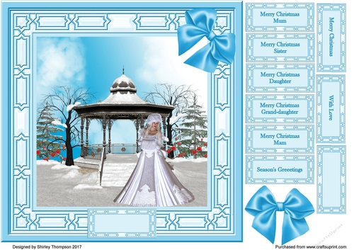 8 x 8 winter lady outside of a bandstand card front.