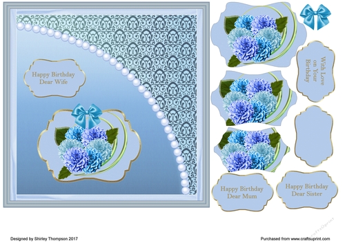 7 x 7 in blue floral step by step card front.