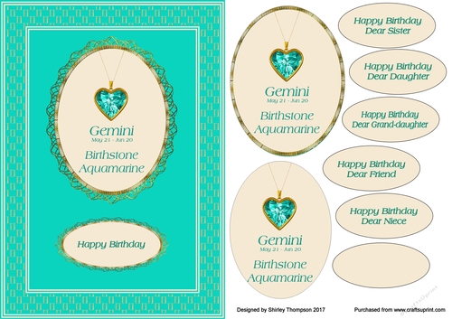 A5 Gemini zodiac card front.