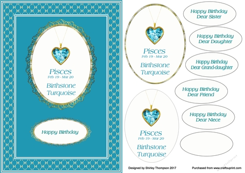 A5 Pisces zodiac card front.