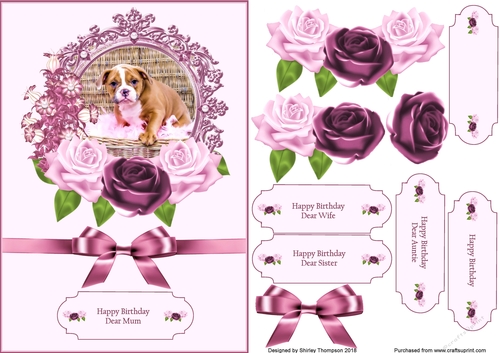 Pink A5 puppy in fancy frame step by step card front.