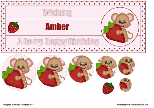 Strawberry mouse large DL name card front with decoupage (Amber)