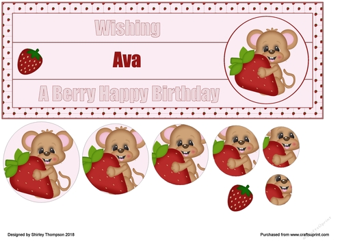 Strawberry mouse large DL name card front with decoupage (Ava)