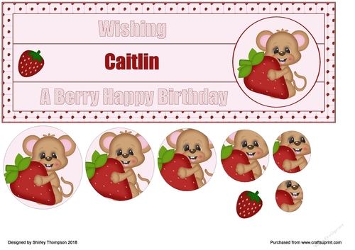 Strawberry mouse large DL name card front with decoupage (Caitlin)