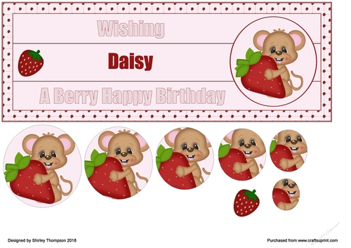 Strawberry mouse large DL name card front with decoupage (Daisy)