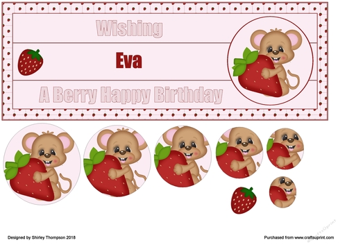Strawberry mouse large DL name card front with decoupage (Eva)