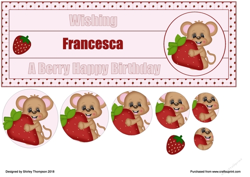 Strawberry mouse large DL name card front with decoupage (Francesca)