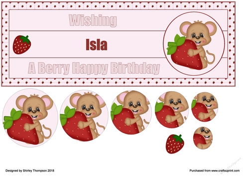 Strawberry mouse large DL name card front with decoupage (Isla)
