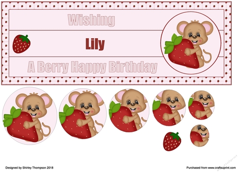 Strawberry mouse large DL name card front with decoupage (Lily)