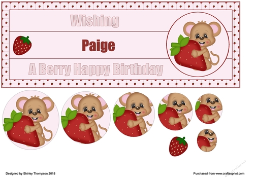 Strawberry mouse large DL name card front with decoupage (Paige)