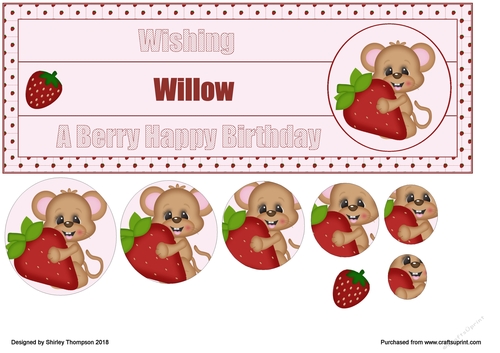 Strawberry mouse large DL name card front with decoupage (Willow)