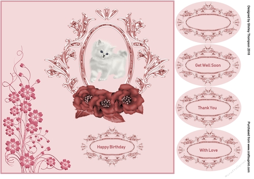 Dusky pink 8 x 8 cute kitten in a fancy frame quick card front.