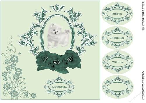  Pale green 8 x 8 cute kitten in a fancy frame quick card front.