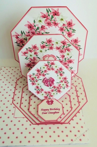 Pink floral octagonal triple easel card with matching envelope.