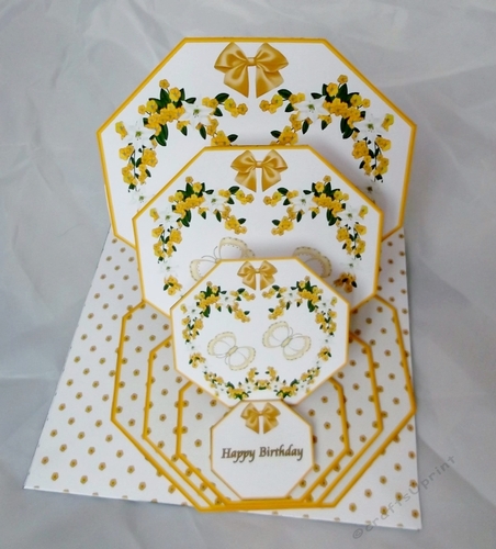 Yellow floral octagonal triple easel card and matching envelope.