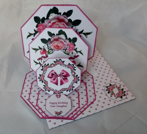 Pink rose octagonal triple easel card with matching envelope