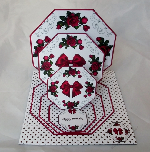Red rose octagonal triple easel card with matching envelope