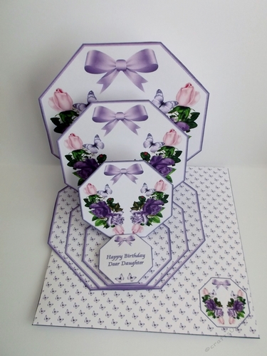 Purple rose octagonal triple easel card with matching envelope.