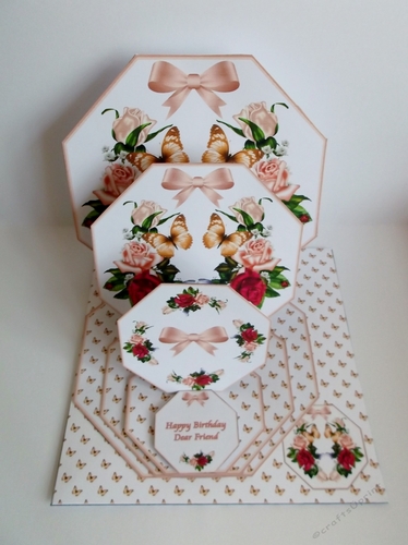 Peach roses octagonal triple easel card with matching envelope.