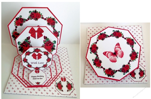 Red roses octagonal triple easel card with matching envelope.