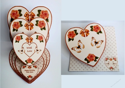 Peach floral triple heart shaped easel card with matching envelope