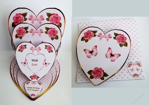 Pink floral triple heart shaped easel card with matching envelope