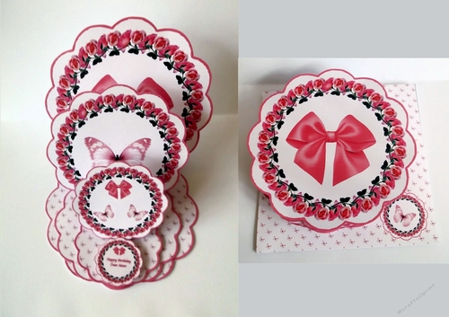 Deep pink rose scalloped triple easel card with matching envelope.