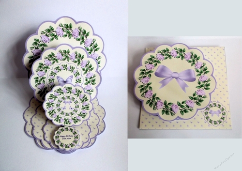 Lemon and lilac scalloped triple easel card with matching envelope.