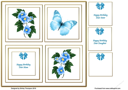 Gold edged blue floral 8 x 8 card front.