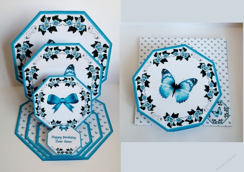 Blue floral octagonal triple easel card with matching envelope.
