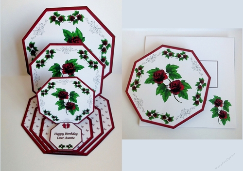 Red floral octagonal triple easel card with matching envelope.
