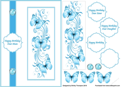 Blue butterfly swirls A5 card front.