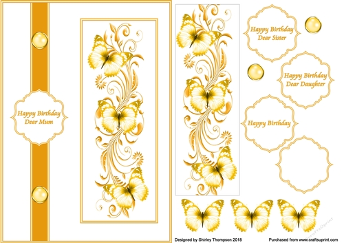 Deep yellow butterfly swirls A5 card front.