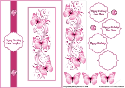 Fuschia butterfly swirls A5 card front.