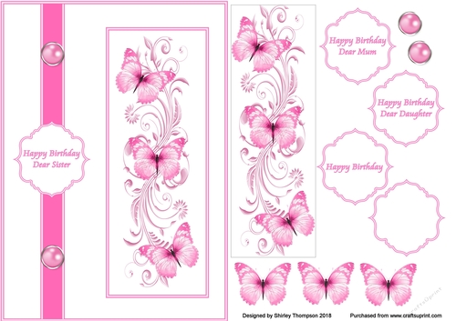 Hot pink butterfly swirls A5 card front.