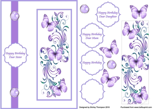 Lilac butterfly swirls A5 card front.