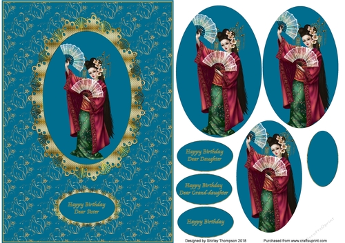 A5 deep blue geisha step by step card front.