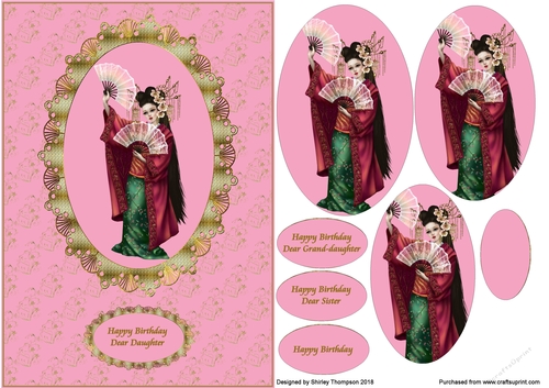 A5 deep pink geisha step by step card front