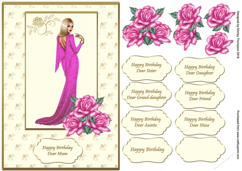 A5 lady in fuchsia card front with decoupage roses.