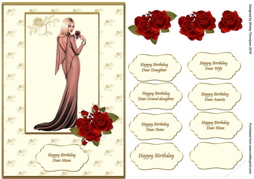 A5 lady in brown card front with decoupage roses.
