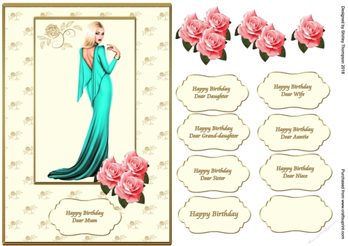 A5 lady in green card front with decoupage roses.