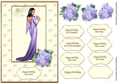 A5 lady in lilac card front with decoupage roses.