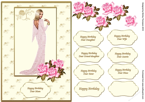 A5 lady in pink card front with decoupage roses.