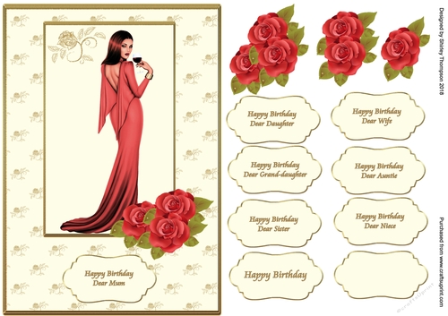 A5 lady in red card front with decoupage roses.