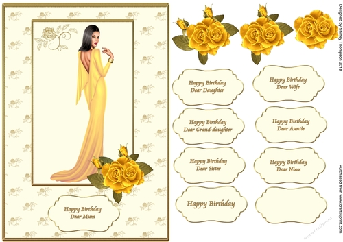 A5 lady in yellow card front with decoupage roses.
