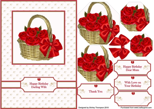 A5 pink and red flower basket card front