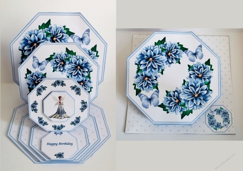 Blue daliahs and fairy octagonal triple easel card with matching envelope.