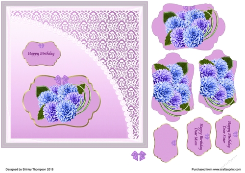 7 in lilac and blue floral cluster card front.